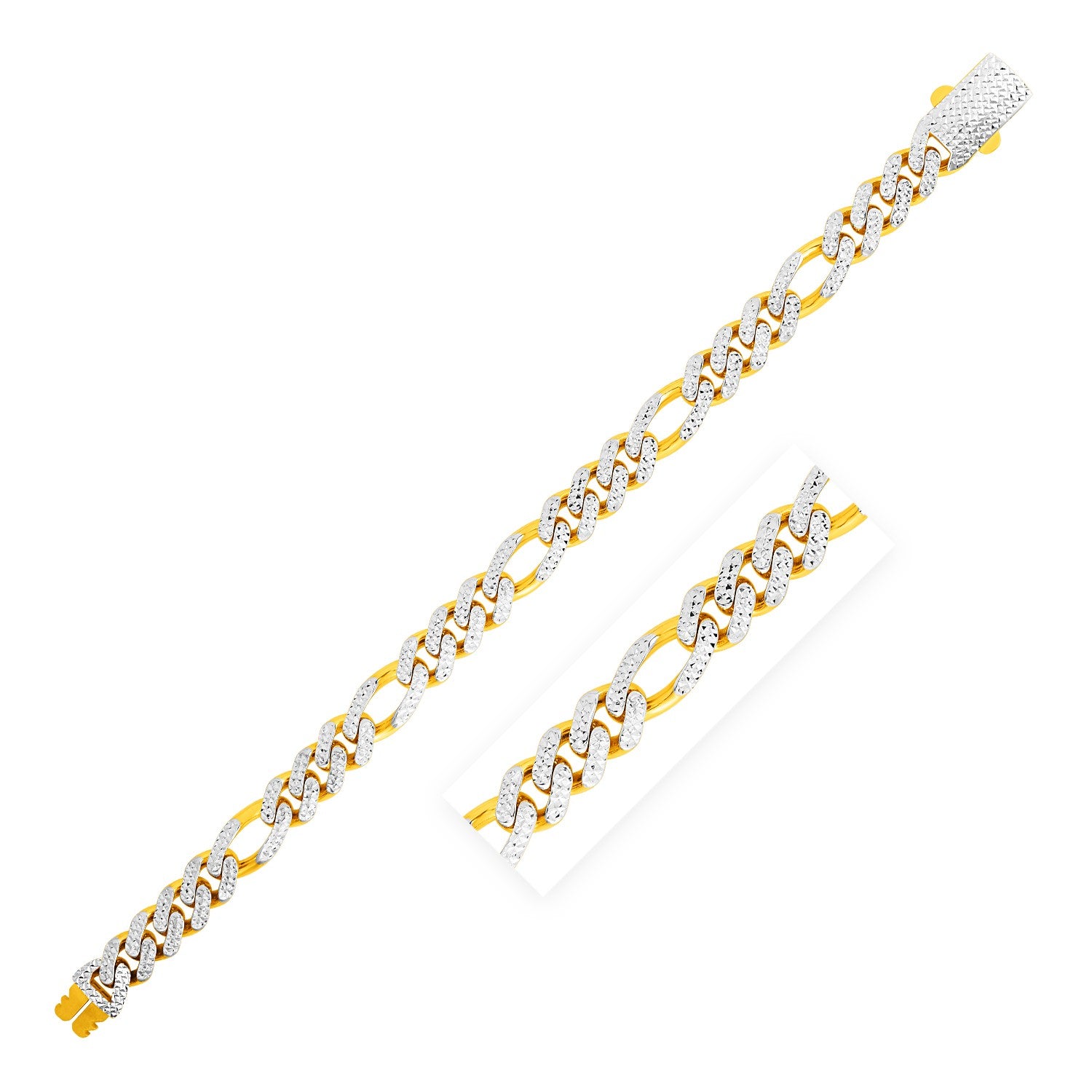 14k Yellow Gold White Pave High Polish Modern Lite Figaro Bracelet (9.50 mm) in a sleek high-contrast midnight luxury editori